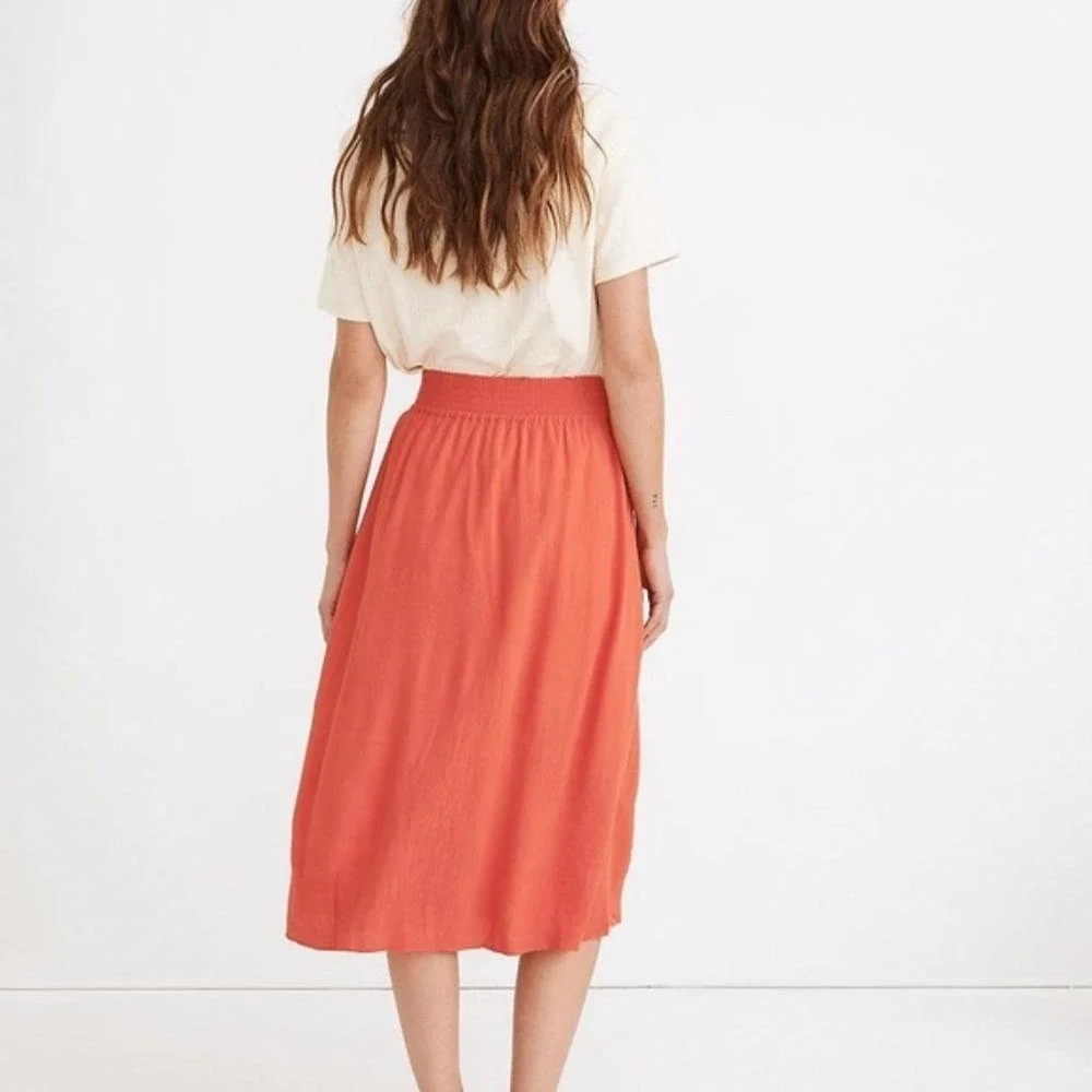 Madewell Button Front Smocked Midi Skirt Womens M Coral Orange NA234